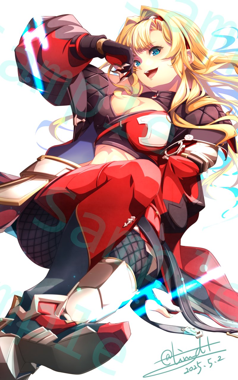 1girl blonde_hair blunt_bangs breasts cleavage commission curtained_hair dated fishnets granblue_fantasy green_eyes hair_intakes highres jacket large_breasts long_hair looking_at_viewer midriff navel open_mouth sample_watermark signature smile solo tinybiard twitter_username watermark zeta_(granblue_fantasy)