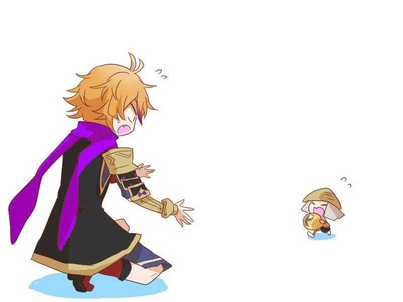 10s 2boys ajirogasa bad_id bad_twitter_id chibi fang gotou_toushirou hat kiwame_(touken_ranbu) light_infantry_(touken_ranbu) male_focus multicolored_hair multiple_boys on_one_knee orange_hair orb outstretched_arms running scarf short_hair streaked_hair touken_ranbu tousou_(touken_ranbu)