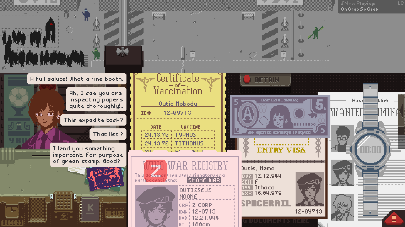 1girl banknote character_name english_text fake_screenshot gameplay_mechanics highres library_of_ruina limbus_company looking_at_viewer money outis_(project_moon) papers_please passport philip_(project_moon) project_moon redm0e road short_hair smile sonya_(project_moon) zena_(project_moon)