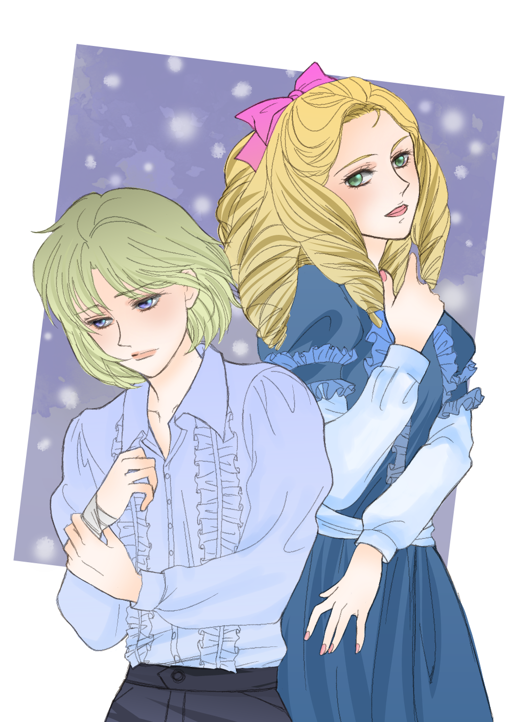 2girls aged_down asaka_rei blonde_hair blue_dress blue_eyes bow dress drill_hair frilled_shirt frills green_eyes highres ichinomiya_fukiko lipstick long_sleeves makeup multiple_girls oniisama_e... pink_bow pink_nails shirt short_hair snow snowing y0229