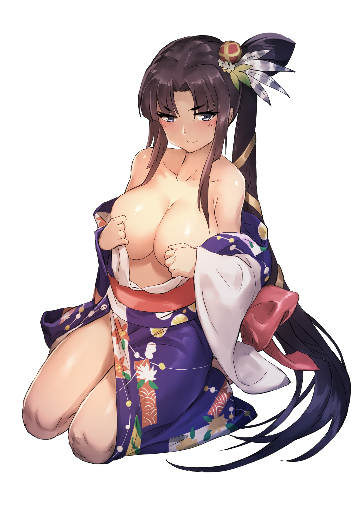 1girl bare_shoulders black_eyes black_hair blush breasts cleavage collarbone fate/grand_order fate_(series) female_focus gao_(gaolukchup) hair_ornament highres japanese_clothes kimono large_breasts long_hair looking_at_viewer obi off_shoulder sash side_ponytail simple_background smile solo source_request ushiwakamaru_(fate) ushiwakamaru_(formal_dress)_(fate) white_background