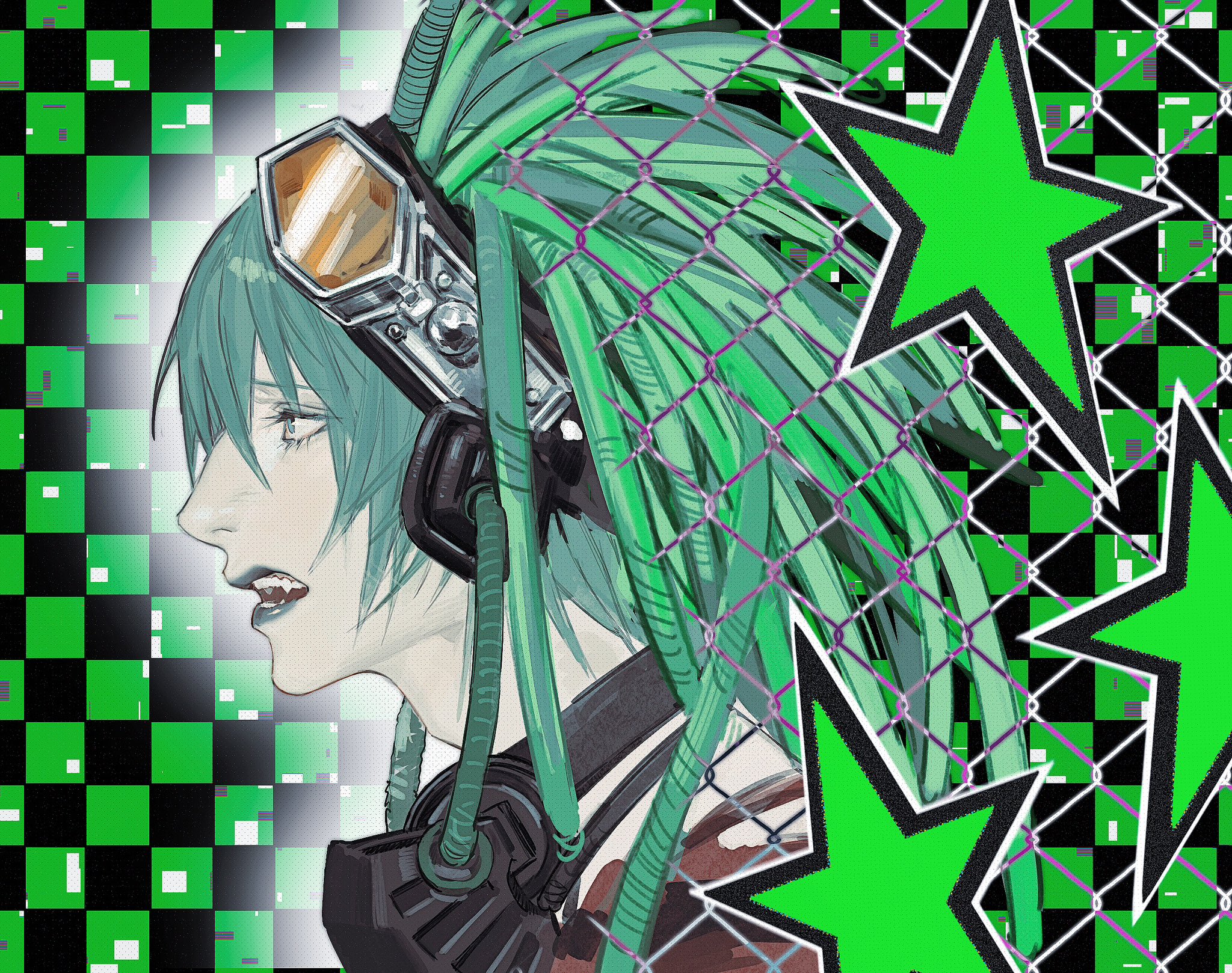 alternate_costume aqua_eyes aqua_hair aqua_lips checkered_background death_note death_note_(object) dreadlocks eyewear_on_head fangs from_side goggles gothic_punk green_hair highres lips mask matt_(death_note) multicolored_hair nose open_mouth ouragan90416059 star_(symbol) teeth