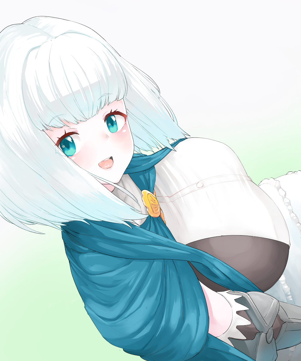 1girl breasts clothes female_focus gradient_background green_eyes highres huge_breasts long_hair medium_hair open_mouth pt sharon_(unicorn_overlord) sitting smile solo unicorn_overlord white_hair