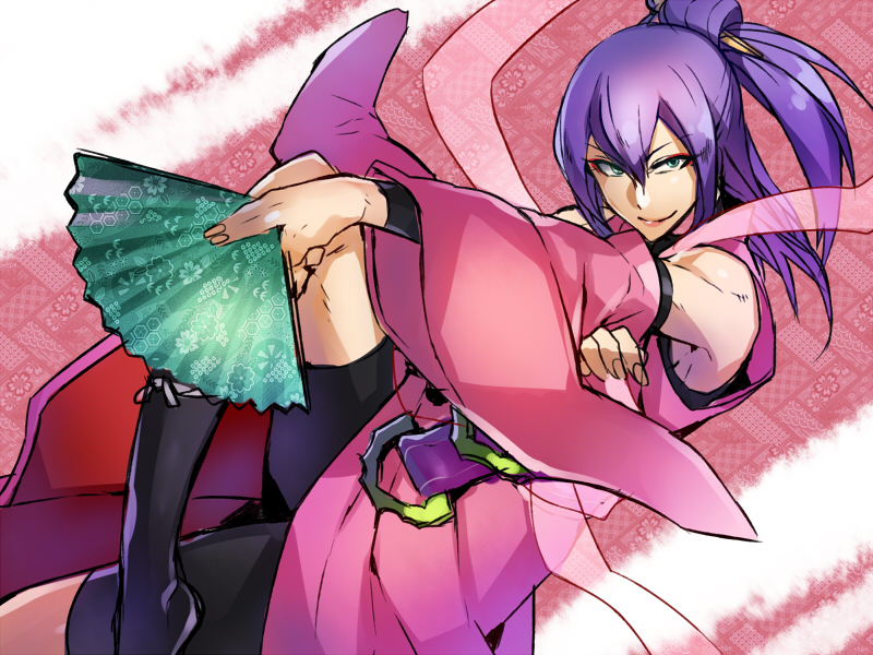 1boy amane_nishiki androgynous bike_shorts black_socks blazblue blazblue:_chronophantasma detached_sleeves eyeliner folded_ponytail folding_fan green_eyes hagoromo hair_between_eyes hair_ornament hairpin hand_fan japanese_clothes kaneaki_mukku lips long_hair makeup male_focus purple_hair shawl smile socks solo trap wide_sleeves