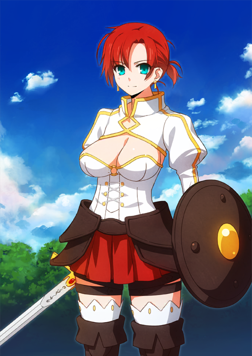 1girl aotsuki_takao aqua_eyes blue_sky boots boudica_(fate) boudica_(second_ascension)_(fate) breasts brown_boots cleavage closed_mouth cloud cropped_jacket cross-laced_clothes cross-laced_top curtained_hair day earrings fate/grand_order fate_(series) feet_out_of_frame high_collar holding holding_shield holding_sword holding_weapon jacket jewelry juliet_sleeves long_sleeves looking_at_viewer low_ponytail miniskirt o-ring official_art outdoors ponytail puffy_sleeves red_hair red_skirt shield shirt short_hair short_ponytail sideboob skirt sky smile solo standing strapless strapless_shirt sword thigh_boots thigh_strap third-party_source weapon white_jacket white_shirt