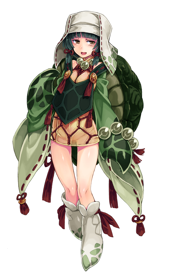 1girl :d animal_hands beads female_focus full_body green_hair habit hair_ribbon kenkou_cross looking_at_viewer monster_girl monster_girl_encyclopedia monster_girl_encyclopedia_ii official_art open_mouth ribbon ribbon-trimmed_sleeves ribbon_trim see-through_clothes shibari simple_background smile solo turtle_shell umi_osho_(monster_girl_encyclopedia) white_background yellow_eyes