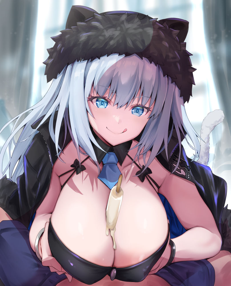 1boy 1girl animal_ears asahi_(fullmetal_madness) between_breasts bikini black_bikini black_hat black_jacket blue_eyes blush bracelet breasts cat_ears cat_girl cat_tail cleavage detached_collar dobrynya_nikitich_(fate) dobrynya_nikitich_(swimsuit_lancer)_(first_ascension)_(fate) fate/grand_order fate_(series) food fur-trimmed_headwear fur_trim hat implied_paizuri jacket jacket_on_shoulders jewelry large_breasts licking_lips long_hair looking_at_viewer necktie paizuri popsicle sexually_suggestive spread_legs swimsuit tail tongue tongue_out white_hair