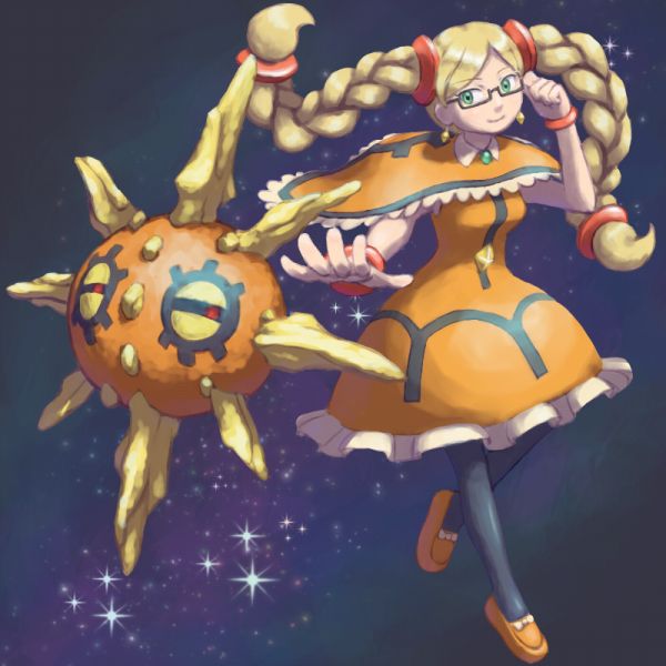 1girl adjusting_eyewear black_pantyhose blonde_hair bracelet braid commentary_request dress earrings full_body gen_3_pokemon glasses green_eyes hair_rings jewelry leg_up lily_(kalos) lily_(pokemon) lily_(pokemon_xy) looking_at_viewer mijinko_(barabadge) nintendo orange_dress orange_shoes outstretched_arm pantyhose pokemon pokemon_(anime) pokemon_(creature) pokemon_performer pokemon_xy_(anime) shoes sky smile solrock standing standing_on_one_leg star_(sky) starry_sky twin_braids twintails