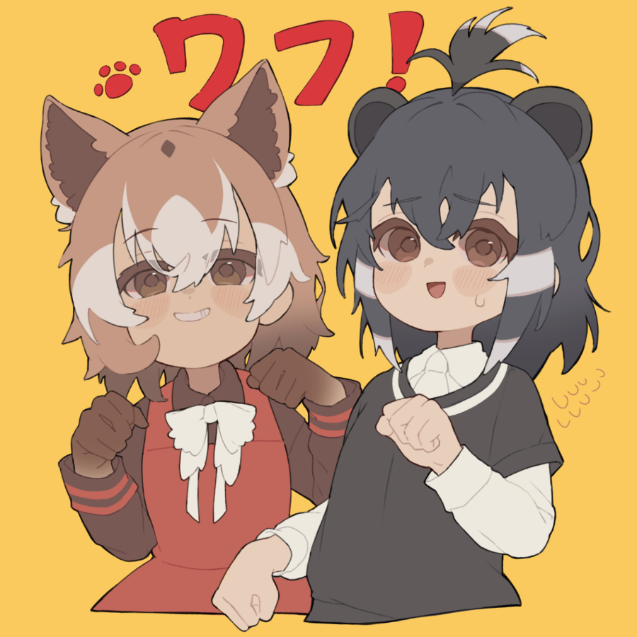 2girls animal_ears black_hair black_shirt blush bow bowtie brown_eyes brown_gloves brown_hair brown_shirt collared_shirt crested_porcupine_(kemono_friends) dark-skinned_female dark_skin dog_ears dog_girl dress extra_ears flying_sweatdrops gloves hair_between_eyes kemono_friends long_sleeves looking_at_viewer masaratta multicolored_hair multiple_girls necktie new_guinea_highland_wild_dog_(kemono_friends) paw_pose porcupine_ears porcupine_girl red_dress shirt short_sleeves sidelocks smile sweatdrop upper_body white_bow white_bowtie white_hair white_necktie white_shirt