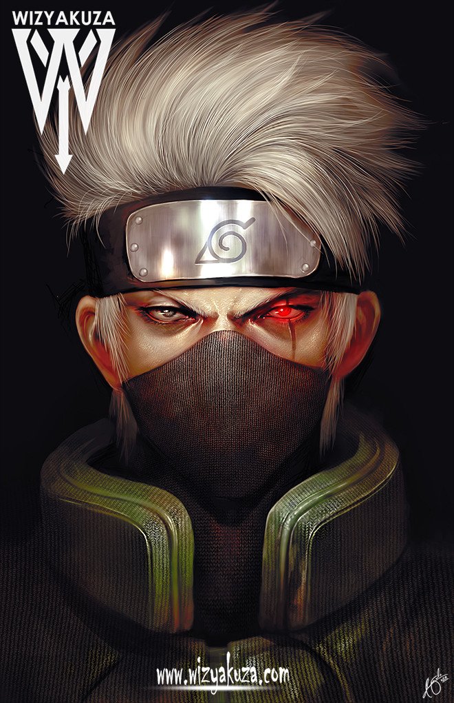 1boy artist_name covered_mouth forehead_protector glowing glowing_eye grey_eyes hatake_kakashi heterochromia konohagakure_symbol male_focus manly mask mouth_mask naruto_(classic) naruto_(series) portrait red_eyes scar scar_across_eye scar_on_face signature solo watermark web_address white_hair wizyakuza