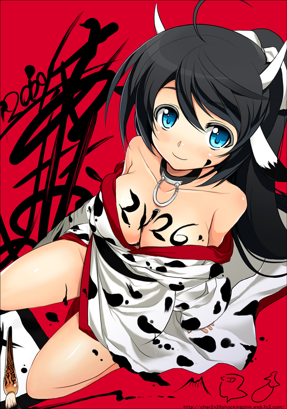00s 1girl 2009 animal_ears animal_print bare_shoulders black_hair blue_eyes breasts bull calligraphy_brush char cleavage cow_ears cow_print female_focus horns japanese_clothes kimono large_breasts long_hair new_year original paint paintbrush smile solo