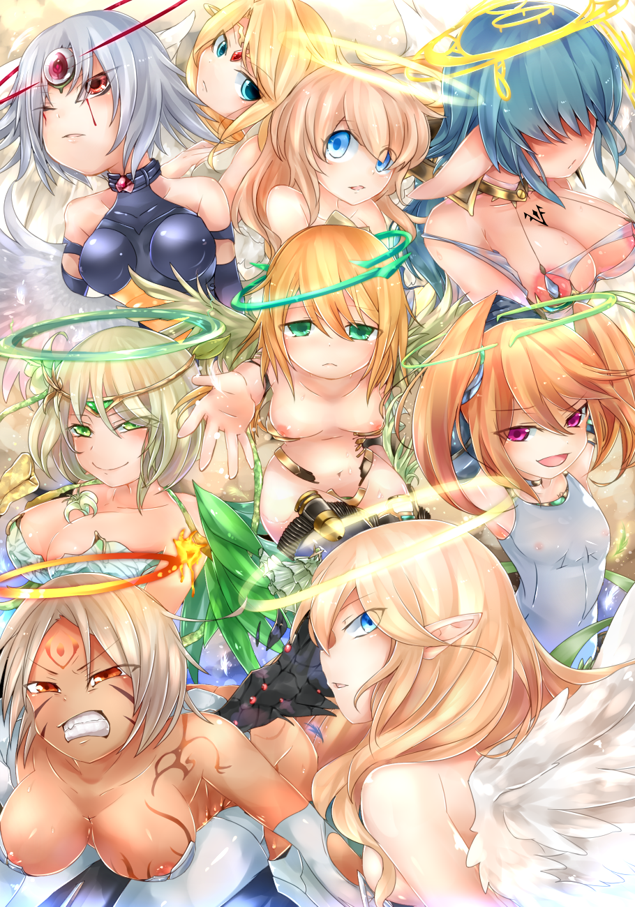 6+girls :d angel angel_wings aqua_eyes areola_slip armpits arms_behind_head arms_up bare_shoulders between_breasts black_leotard black_wings blonde_hair blood bloody_tears blue_eyes blue_hair blue_thighhighs blush breasts chest_tattoo choker circlet cleavage clenched_teeth closed_mouth collarbone commentary_request detached_sleeves eyes_visible_through_hair facial_tattoo feathered_wings feathers flat_chest flower flower_request forehead_tattoo gabriela_(mon-musu_quest!) gem gold_circlet green_eyes green_gemstone green_halo grey_hair group_picture hair_between_eyes hair_over_eyes half-closed_eyes halo head_tilt highres ilias jewelry large_breasts leotard light_frown long_hair looking_at_viewer looking_to_the_side looking_up lucifina_(mon-musu_quest!) medium_breasts metatron_(mon-musu_quest!) micaela_(mon-musu_quest!) mon-musu_quest! mon-musu_quest:_paradox multiple_girls navel necklace nipples one-piece_swimsuit one_eye_closed open_mouth orange_eyes orange_hair orange_halo outstretched_arm parted_bangs parted_lips pippi_(ku_ro_do_zorizo_to) plant pointy_ears puffy_nipples purple_eyes raphaela_(mon-musu_quest!) red_eyes red_gemstone red_halo revealing_clothes sandalphon_(mon-musu_quest!) sariela_(mon-musu_quest!) see-through_clothes see-through_one-piece_swimsuit see-through_swimsuit short_hair short_twintails sideboob small_breasts smile swimsuit tan tattoo teeth thighhighs third_eye toga twintails uriela_(mon-musu_quest!) v-shaped_eyebrows vines white_one-piece_swimsuit white_thighhighs white_wings wings yellow_halo