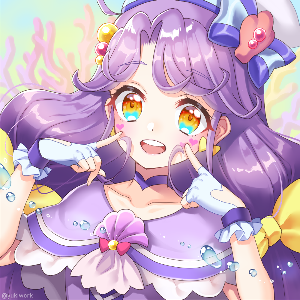 1girl air_bubble bow bubble capelet choker commentary coral cure_coral dress earrings facial_mark fingerless_gloves gloves hair_bobbles hair_bow hair_ornament hat hat_bow heart heart_facial_mark jewelry long_hair looking_at_viewer low_twintails magical_girl multicolored_eyes orange_eyes pointing pointing_at_self precure purple_capelet purple_choker purple_dress purple_hair sailor_hat shell_brooch solo suzumura_sango tropical-rouge!_precure twintails underwater white_gloves white_hat yellow_bow yukinko_(yukiwork)