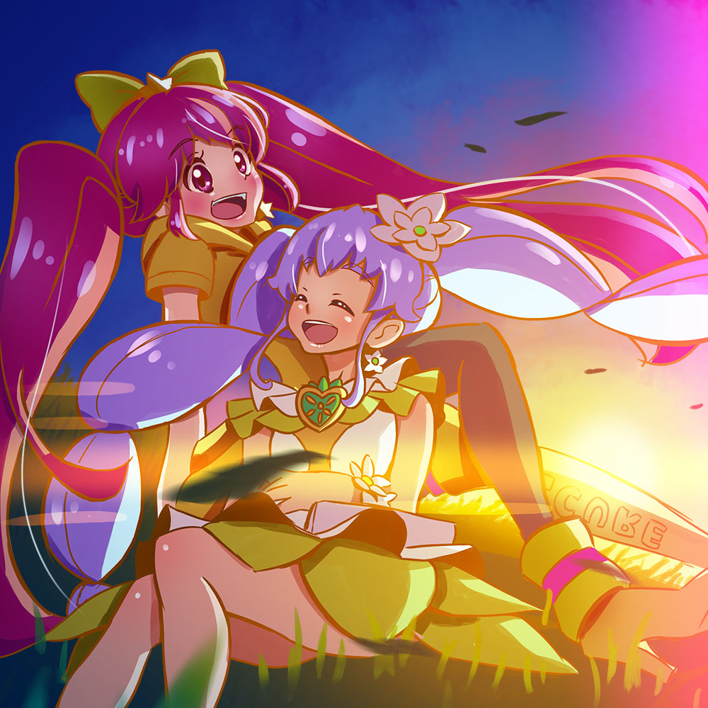 10s 2girls :d aino_megumi alternate_form asymmetrical_footwear blue_hair bow brooch closed_eyes cure_lovely cure_lovely_(lollipop_hip_hop) cure_princess cure_princess_(macadamia_hula_dance) earrings flower green_skirt hair_bow hair_flower hair_ornament happinesscharge_precure! heart heart_brooch jewelry long_hair magical_girl mismatched_footwear miyamoto_hiroshi multiple_girls open_mouth pink_eyes pink_hair precure shirayuki_hime sitting skirt smile star_(symbol) star_earrings twintails