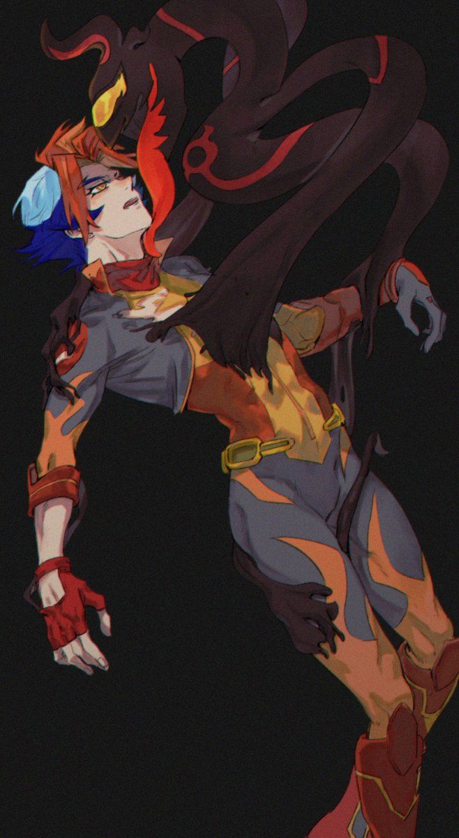 1boy 1other artist_request bandana belt black_background black_gloves blue_hair body_markings bodysuit bound bound_arms bound_leg bound_legs colored_bangs curtained_hair colored_bangs facing_to_the_side flame_(yu-gi-oh!_vrains) gloves grey_bodysuit homura_takeru leaning_back liquid looking_at_another looking_down looking_up male_focus midair monsterification open_mouth orange_bodysuit orange_eyes outstretched_arms partially_fingerless_gloves popped_collar red_bandana red_footwear red_gloves single_shoulder_pad sleeves_rolled_up soulburner source_request tentacle_grab tentacles tentacles_on_male tentacles_under_clothes toned toned_male tongue tongue_out transformation two-tone_bodysuit yellow_belt yellow_eyes yellow_trim yu-gi-oh! yu-gi-oh!_vrains
