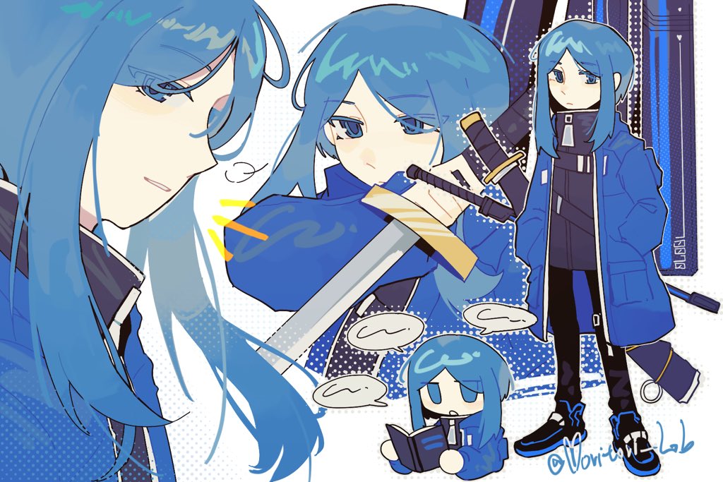 1girl bari_(project_moon) black_fire black_jacket black_pants blue_eyes blue_hair fire hands_in_pockets holding holding_sword holding_weapon jacket limbus_company moritori_lob multiple_views open_mouth pants project_moon sheath sheathed shoes short_hair short_hair_with_long_locks simple_background sword weapon white_background