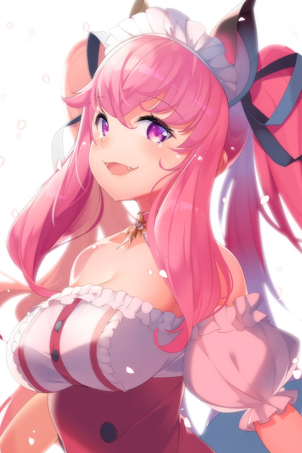 1girl animal_ears animare bare_shoulders black_ribbon breasts buttons center_frills cleavage crying detached_sleeves dress eyelashes falling_petals fangs flying_teardrops frilled_dress frilled_sleeves frills from_side hair_between_eyes hair_ribbon highres kokka_han large_breasts light_blush long_hair looking_at_viewer looking_to_the_side maid_headdress nanashi_inc. open_mouth pendant_choker petals pink_hair puffy_sleeves purple_eyes ribbon short_sleeves sidelocks smile solo strapless strapless_dress tears tongue twintails two-tone_dress umori_hinako upper_body virtual_youtuber white_background white_sleeves
