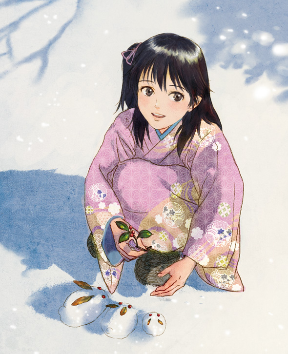 1girl asa_no_ha_(pattern) bad_id bad_pixiv_id black_eyes black_hair inuyasha japanese_clothes kimono niko_(silent.whitesnow) plant rin_(inuyasha) seigaiha shadow side_ponytail smile snow unmoving_pattern winter