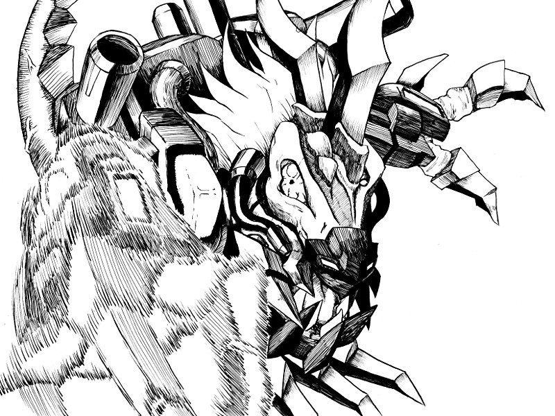 claws cyborg digimon digimon_(creature) horns metaltyranomon metaltyranomon_x-antibody monochrome sharp_teeth solo teeth