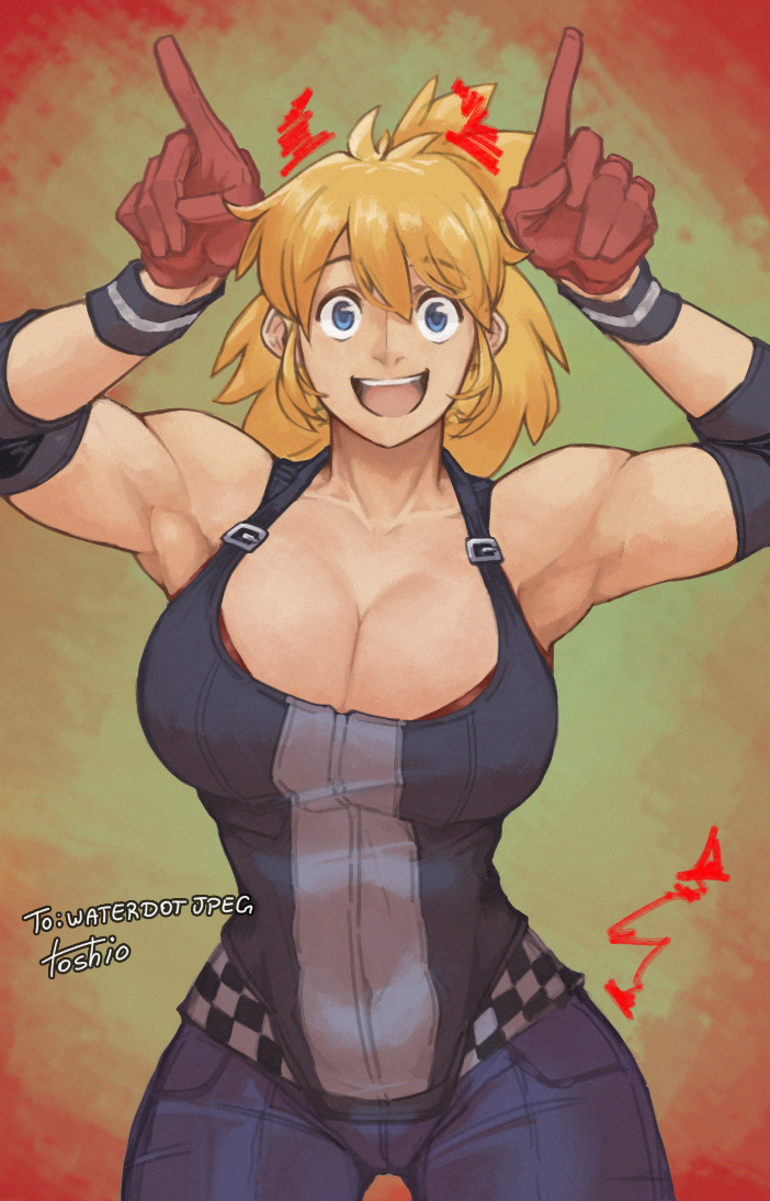 1girl artist_name blonde_hair blue_eyes breasts commentary dorohedoro english_commentary gloves horns_pose large_breasts nikaidou_(dorohedoro) open_mouth red_gloves solo toastitos