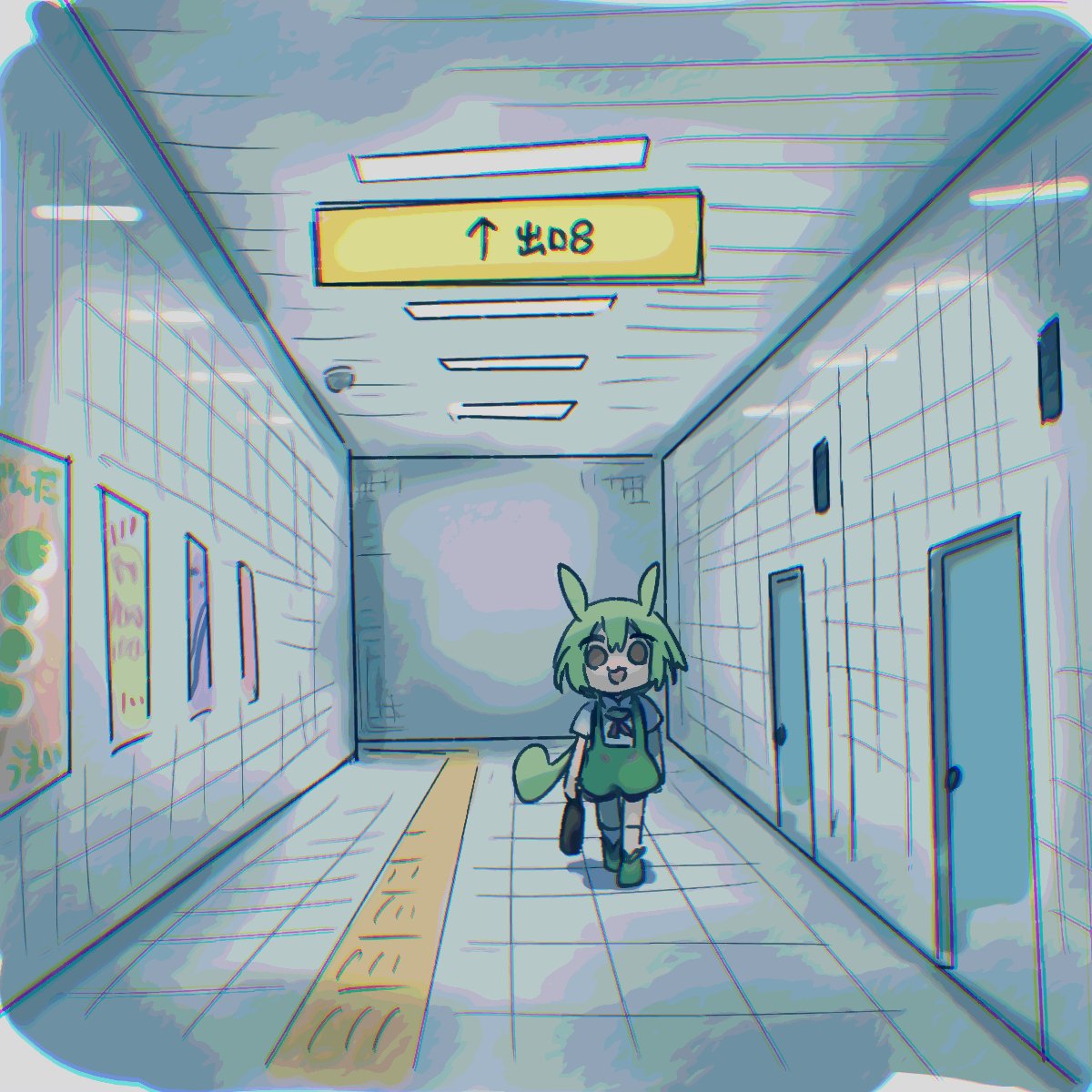 1girl ayakashi_(monkeypanch) door green_shoes green_shorts highres indoors looking_at_viewer open_mouth puffy_shorts shirt shoes short_sleeves shorts sign solo standing suspender_shorts suspenders tactile_paving the_exit_8 voiceroid voicevox walking white_shirt wide_shot zundamon