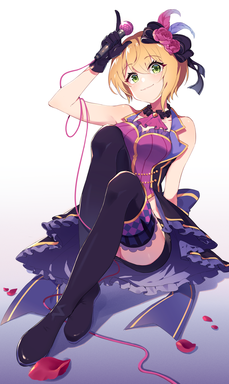 1girl :3 black_gloves black_thighhighs blonde_hair blush breasts closed_mouth collarbone female_focus gloves green_eyes highres holding holding_microphone idolmaster idolmaster_cinderella_girls large_breasts looking_at_viewer microphone miyamoto_frederica sharlorc short_hair sitting smile solo thighhighs