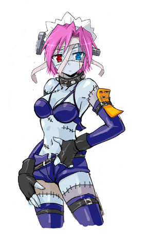 1girl blue_eyes blue_skin breasts collar colored_skin female_focus fingerless_gloves futaba_channel gloves heterochromia kaitai kaitai-san large_breasts long_hair looking_at_viewer lowres maid maid_headdress midriff monster_girl nijiura_maids pink_hair red_eyes scar screw short_shorts shorts simple_background solo stitches thigh_strap thighhighs white_background zombie