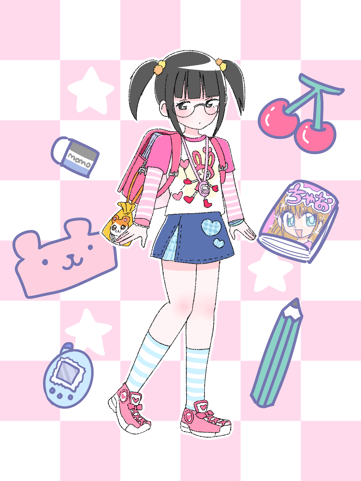 1girl backpack bag berrie_(mezzo_piano) black_hair blue_skirt blue_socks blunt_bangs blush character_print child ciao_(shogakukan) denim denim_skirt ezaki_bisuko fashion glasses hair_bobbles hair_ornament hamster_print hamtaro hamtaro_(series) heart heart_print heisei_retro highres jojifuku layered_sleeves long_sleeves mezzo_piano original pink_shoes pouch print_bag print_footwear print_shirt print_skirt randoseru red_bag shirt shoes short_sleeves short_twintails sidelocks skirt sneakers socks solo standing striped_clothes striped_sleeves striped_socks t-shirt tamagotchi tamagotchi_(classic) tamagotchi_(virtual_pet) tamagotchi_plus twintails two-tone_socks virtual_pet_(toy) white_socks yellow_bag