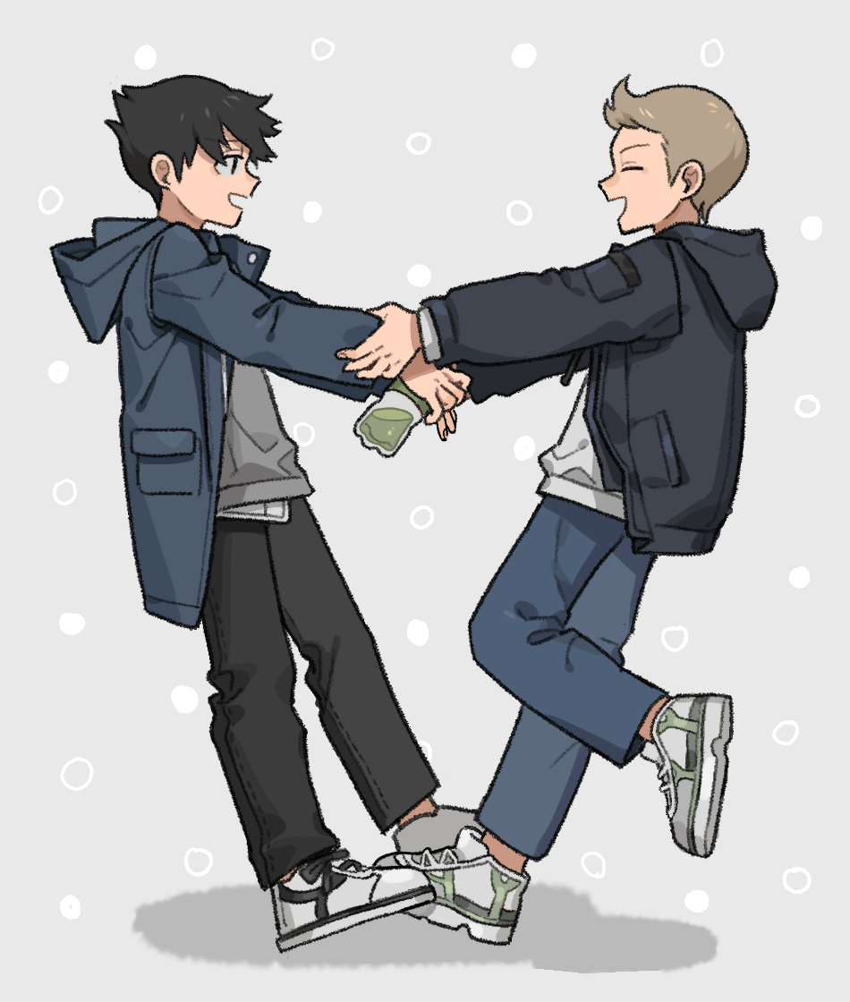 2boys black_hair black_jacket black_pants blue_background blue_pants bottle brown_hair closed_eyes dancing drink facing_another from_side full_body grey_background happy hood hood_down hooded_jacket jacket koarai_noboru laughing leaning_back looking_at_another multiple_boys nana_0253 okudera_tsuneyuki open_mouth outstretched_arms pants pocket profile shirt shoes short_hair sneakers standing standing_on_one_leg untucked_shirt white_footwear world_trigger