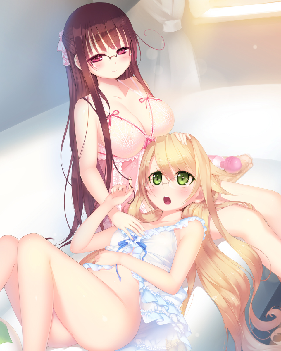 2girls ahoge arima_senka arima_senne babydoll barefoot blonde_hair blush breasts brown_hair cleavage covered_erect_nipples flat_chest frilled_babydoll glasses green_eyes twirling_hair half_updo hand_on_another&#039;s_chest hand_on_another&#039;s_head hand_on_own_stomach highres hitachi_magic_wand kashiwamochi_yomogi lap_pillow large_breasts lingerie long_hair mole mole_on_breast multiple_girls nipples no_panties open_mouth original over-rim_eyewear pink_babydoll playing_with_another&#039;s_hair red_eyes see-through_clothes semi-rimless_eyewear sex_toy siblings sisters sitting smile underwear vibrator white_babydoll yuri