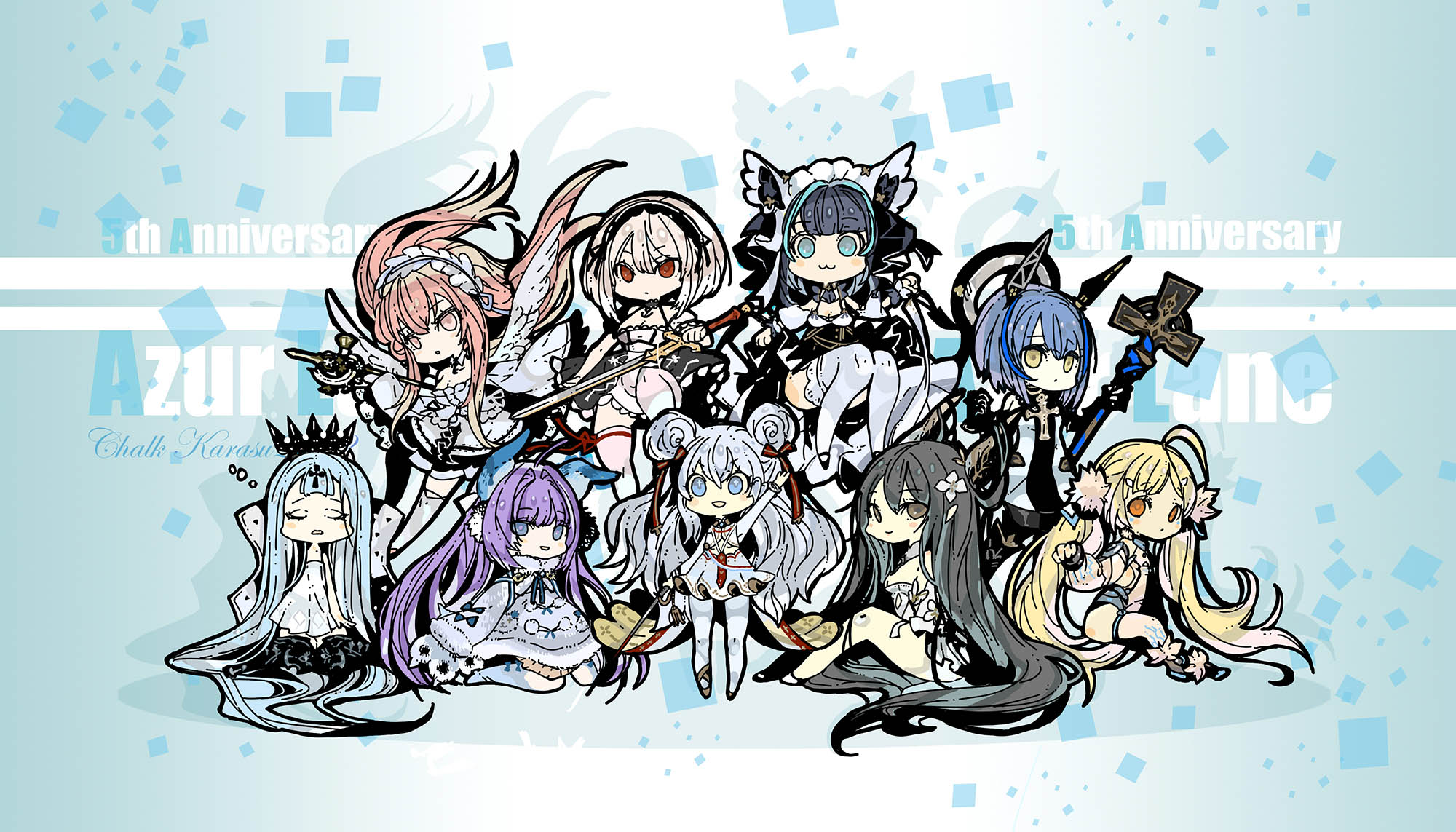 6+girls :3 ahoge anniversary azur_lane black_hair blonde_hair champagne_(azur_lane) cheshire_(azur_lane) chibi chibi_only double_bun dress eldridge_(azur_lane) frilled_hairband frills gascogne_(azur_lane) hair_bun hairband highres holding holding_staff holding_sword holding_weapon indomitable_(azur_lane) karasu_(chalk) le_malin_(azur_lane) long_hair looking_at_viewer maid maid_headdress multiple_girls perseus_(azur_lane) purple_hair short_dress sirius_(azur_lane) sitting sleepy staff sword tashkent_(azur_lane) twintails weapon white_dress white_wings wings