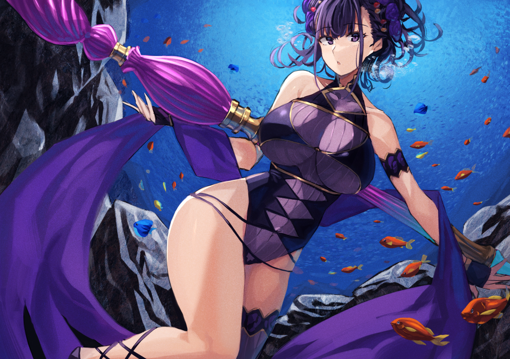 1girl black_hair blush breasts fate/grand_order fate_(series) glasses hair_between_eyes hair_ornament highleg highleg_one-piece_swimsuit large_breasts murasaki_shikibu_(fate) murasaki_shikibu_(swimsuit_rider)_(fate) murasaki_shikibu_(swimsuit_rider)_(first_ascension)_(fate) one-piece_swimsuit ponytail purple_eyes purple_shawl shawl short_ponytail single_thighhigh smile solo suminagashi swimsuit thighhighs