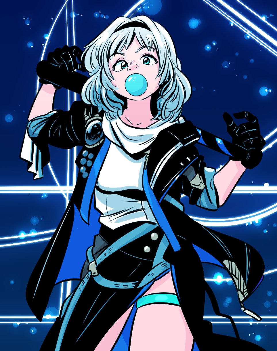 1girl adapted_costume baseball_bat black_hairband black_jacket blowing_bubble_gum blowing_bubbles blue_eyes chewing_gum cosplay hairband highres honkai:_star_rail honkai_(series) jacket jd_benefield kamishiro_rita no_halo prism_project sleeve_rolled_up solo stelle_(honkai:_star_rail) stelle_(honkai:_star_rail)_(cosplay) thigh_strap trailblazer_(honkai:_star_rail) virtual_youtuber white_hair