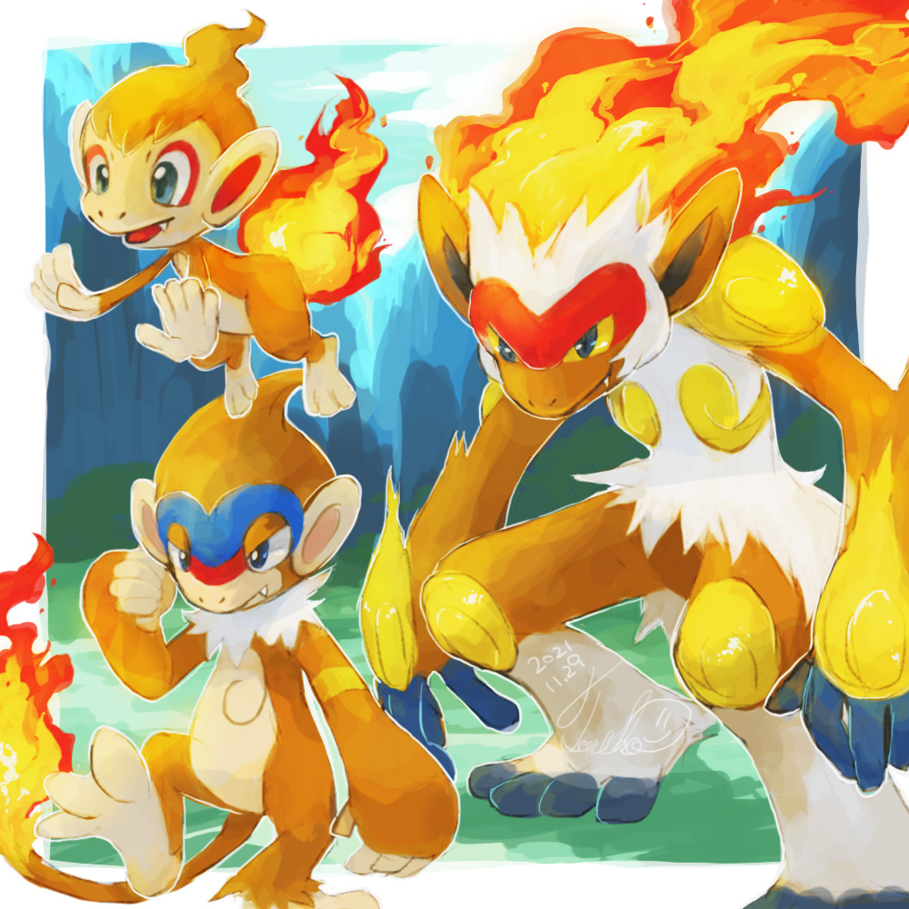 blue_eyes chimchar closed_mouth colored_sclera commentary_request dated evolutionary_line fang fire gen_4_pokemon infernape monferno monkey nintendo pokemon pokemon_(creature) smile standing tail toneko yellow_sclera