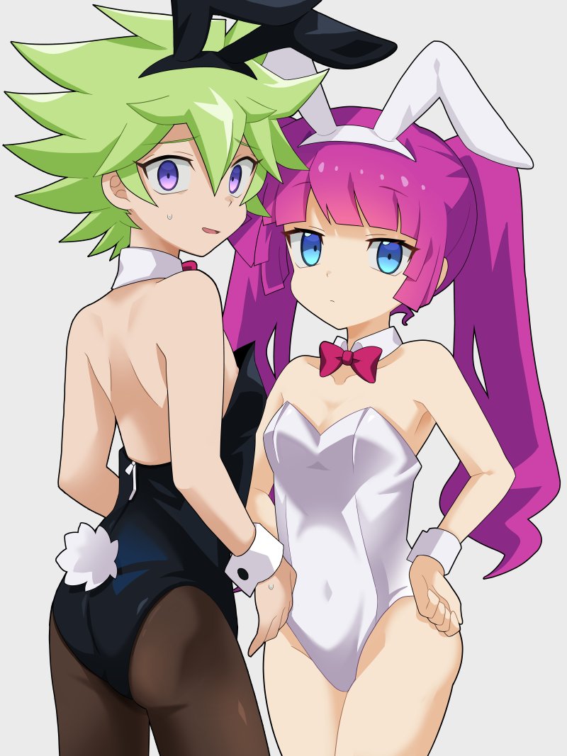 1boy 1girl animal_ears bare_shoulders black_leotard black_pantyhose blue_eyes breasts brother_and_sister cleavage fake_animal_ears fake_tail from_behind green_hair grey_background kirishima_roa kirishima_romin kura_(xxcracy) leotard looking_at_viewer looking_back male_playboy_bunny pantyhose playboy_bunny purple_eyes purple_hair rabbit_ears rabbit_tail siblings simple_background small_breasts strapless strapless_leotard tail white_leotard yu-gi-oh! yu-gi-oh!_sevens