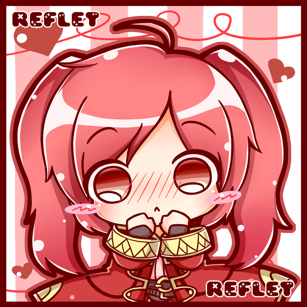 1girl :&lt; ahoge alternate_color alternate_eye_color alternate_hair_color blush blush_stickers character_name chibi cloak female_focus female_robin_(fire_emblem) fire_emblem fire_emblem_awakening hands_on_own_face heart hood hooded_cloak long_coat looking_at_viewer nintendo red_eyes red_hair ritateo solo super_smash_bros. twintails valentine