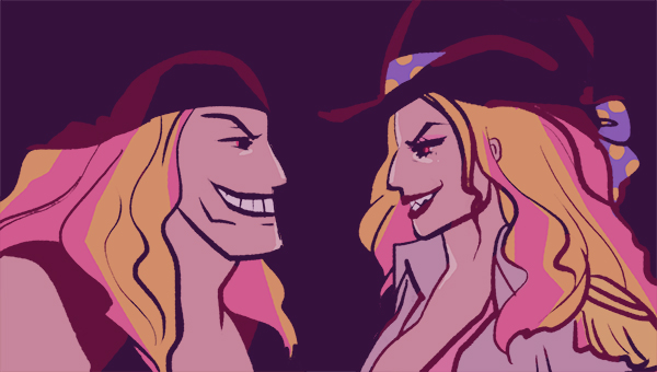 1boy 1girl bandana blonde_hair charlotte_linlin close-up coat collared_coat commentary edward_newgate english_commentary epaulettes hat long_hair one_piece pikaole profile purple_background simple_background smile white_coat