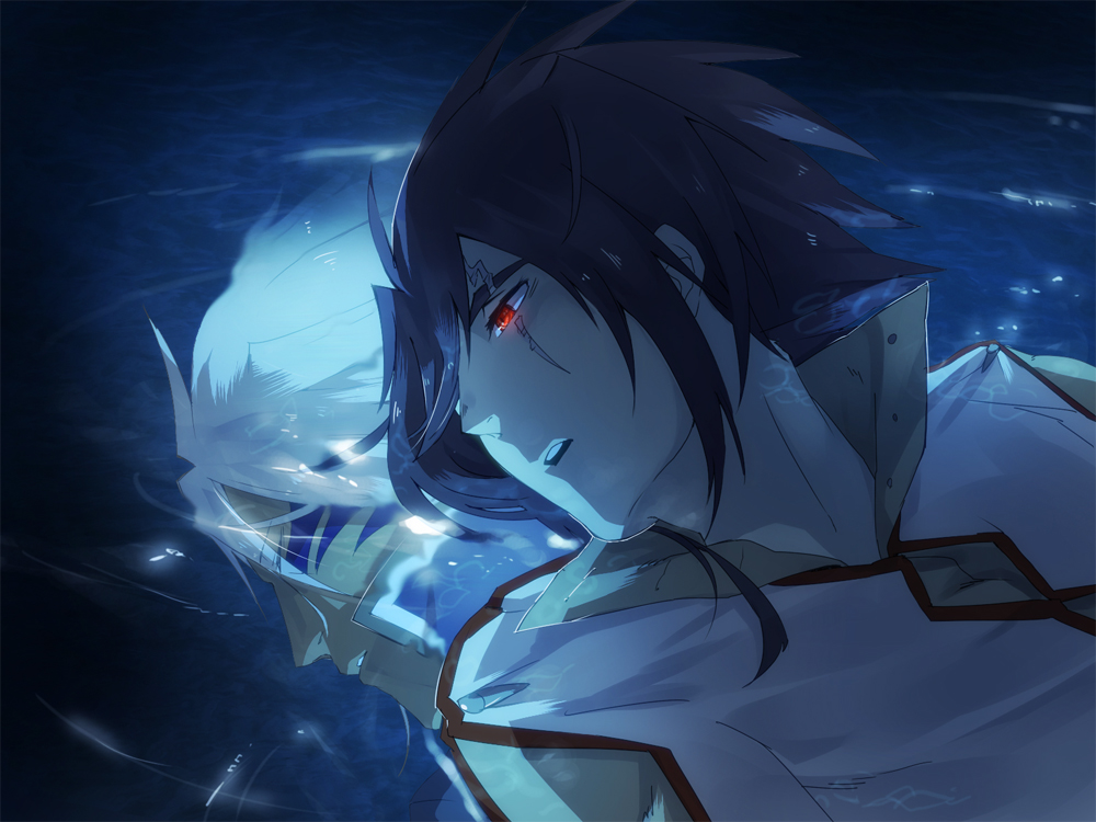 2boys arms_at_sides black_hair brown_shirt brown_tunic dappled_moonlight dark-skinned_male dark_skin dress_shirt eyes_visible_through_hair facial_mark facial_tattoo glowing gurast hair_over_one_eye in_water looking_at_another looking_down lying male_focus mature_male moonlight multiple_boys on_back one_eye_covered open_mouth original outdoors pond popped_collar red-eye_effect reflection reflective_water remembering scar scar_across_eye scar_on_face shirt tan tattoo tunic turning_head water white_hair white_shirt white_tunic