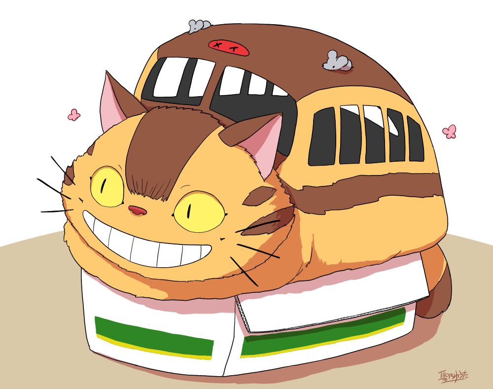 animal_focus box bug butterfly cat commentary_request grin hijirino_yuuta in_box in_container insect looking_ahead mouse_(animal) nekobus no_humans pink_butterfly signature smile solo tonari_no_totoro two-tone_background white_background