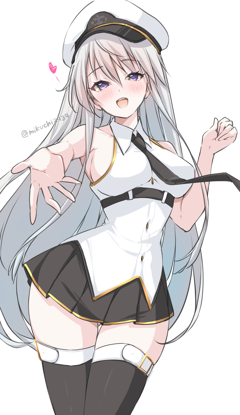 1girl azur_lane bare_shoulders black_necktie black_skirt black_thighhighs blush breasts cowboy_shot enterprise_(azur_lane) hair_between_eyes hashtag-only_commentary hat heart highres large_breasts long_hair looking_at_viewer mikuchi3939 necktie open_mouth outstretched_arm peaked_cap purple_eyes shirt simple_background skirt sleeveless sleeveless_shirt smile solo spoken_heart thighhighs twitter_username very_long_hair white_background white_hair white_hat