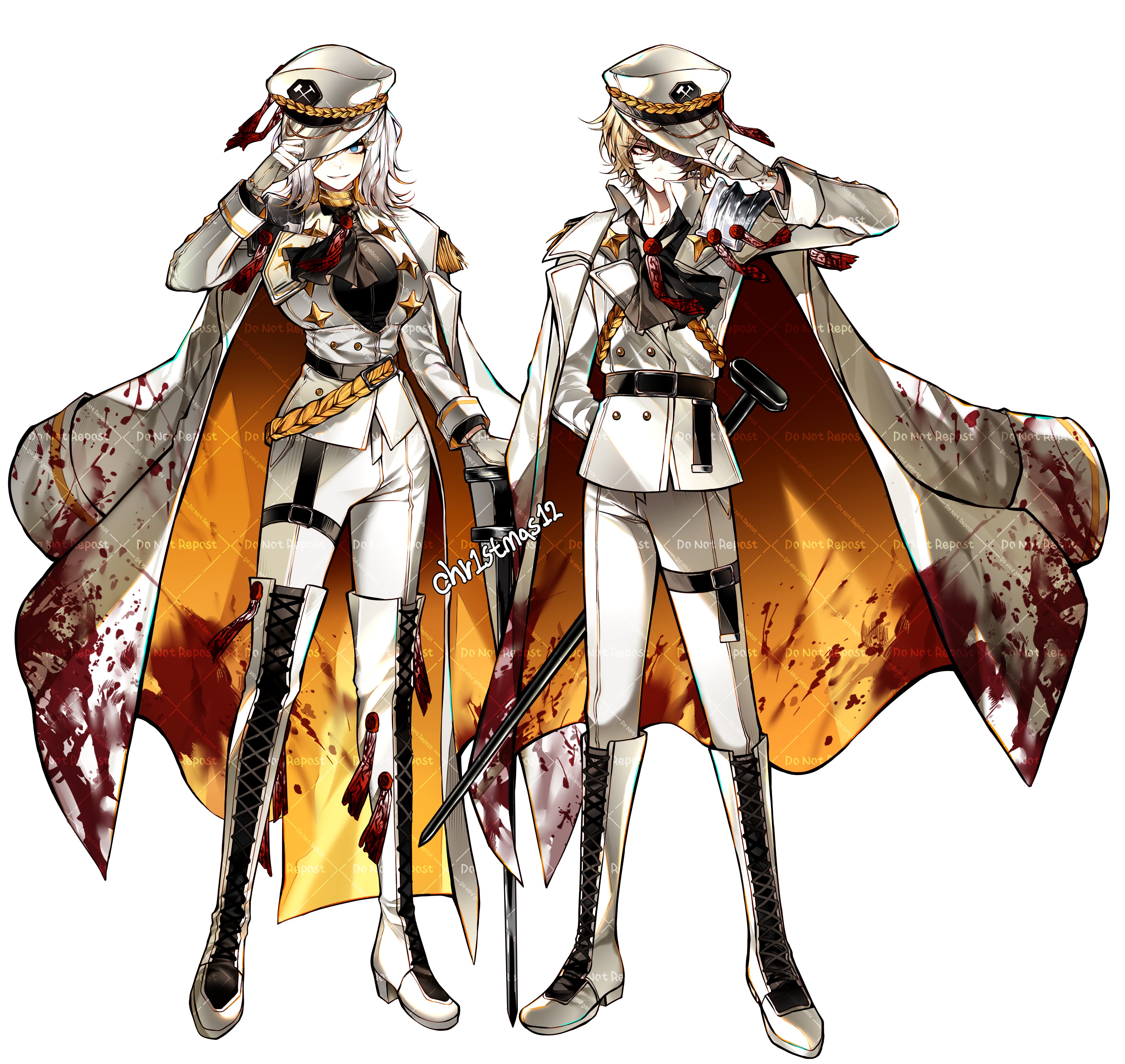 1boy 1girl absurdres artist_name ascot black_ascot black_shirt blonde_hair blood blood_on_clothes blue_eyes boots cherry_oux coat faust_(project_moon) full_body gloves hat highres jacket lace-up_boots limbus_company looking_at_viewer n_corp._fanatic_(identity)_(project_moon) pants peaked_cap project_moon shirt short_hair sinclair_(project_moon) standing two-sided_coat two-sided_fabric watermark white_boots white_coat white_gloves white_hair white_hat white_jacket white_pants yellow_coat yellow_eyes