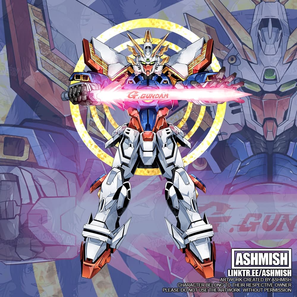 ashmish energy_sword commission energy_sword g_gundam glowing glowing_eyes green_eyes gundam holding holding_sword holding_weapon horns mecha no_humans robot shining_gundam standing super_robot sword v-fin weapon