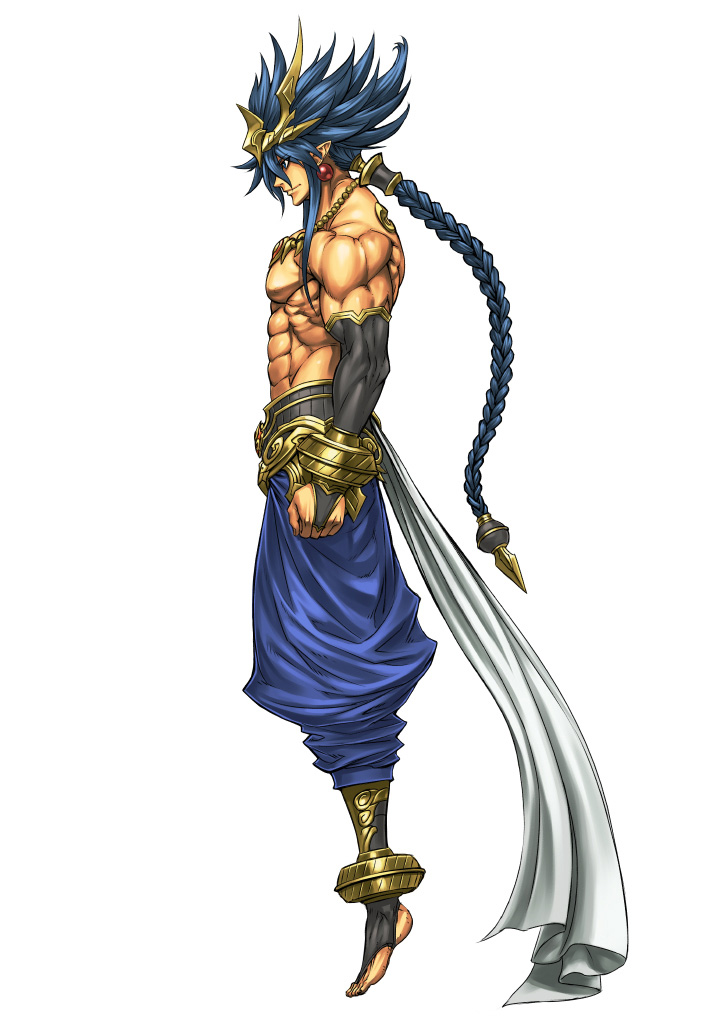 blue_hair bracelet cho_aniki cho_aniki_zero earrings idaten jewelry lots_of_jewelry manly muscular necklace official_art ornament pointy_ears