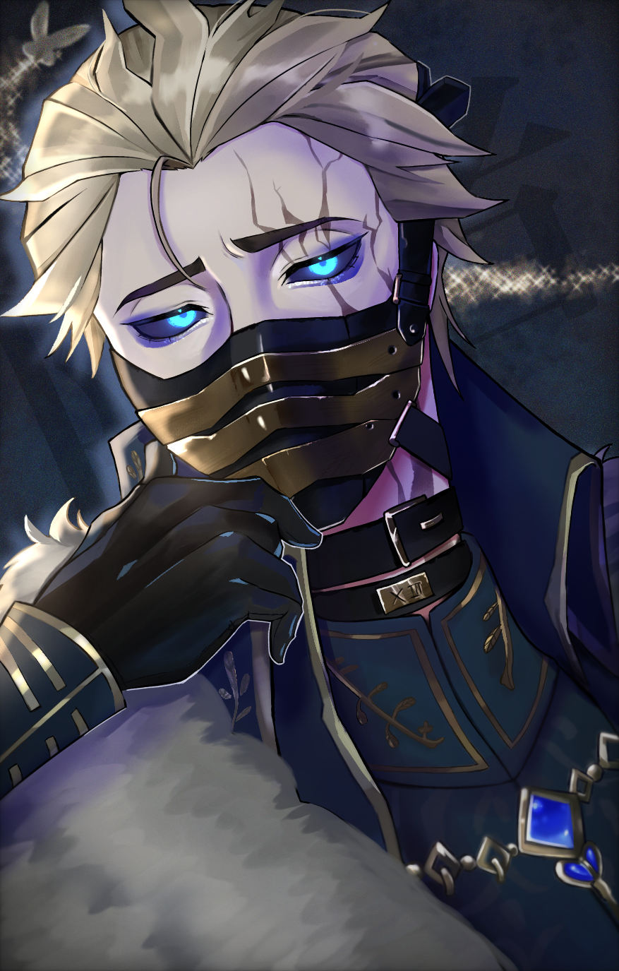 1boy alva_lorenz alva_lorenz_(warden) belt_collar black_gloves black_sclera blonde_hair blue_eyes collar colored_sclera fur_scarf gloves gold_trim hana_kuki25 highres identity_v looking_at_viewer male_focus mask scar scar_across_eye scar_on_face short_hair solo upper_body