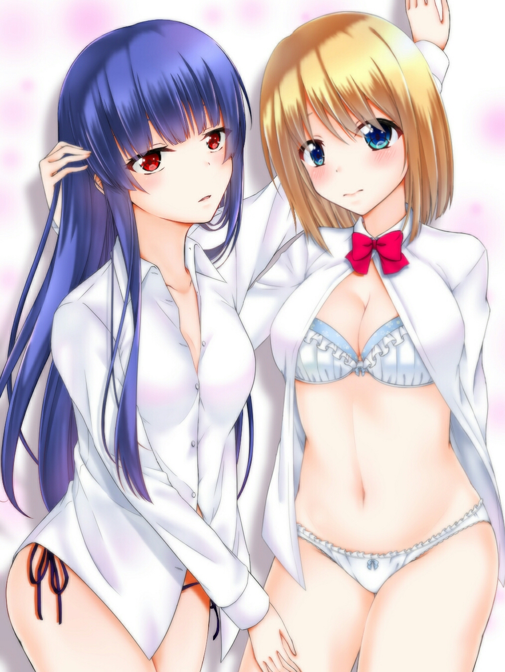 2girls black_panties blonde_hair blue_eyes blue_hair bra breasts cleavage dress_shirt highres large_breasts long_hair looking_at_viewer mini_dang01 multiple_girls navel original panties red_eyes shirt short_hair side-tie_panties stomach underwear very_long_hair white_bra white_panties yuri