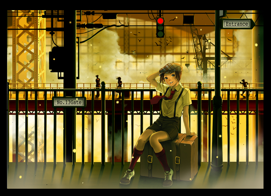 1girl arm_support bird black_border black_eyes black_skirt border brown_hair cabbie_hat crane_(animal) dress_shirt fuwa_makoto hand_on_headwear hat head_tilt kneehighs knees_together_feet_apart necktie original parted_lips people plaid_clothes plaid_headwear railing red_necktie red_socks shirt shoes short_hair short_sleeves signpost silhouette sitting sitting_on_object skirt smile socks solo_focus steam steampunk suitcase suspender_skirt suspenders train_station trunk white_shirt wind yellow_theme