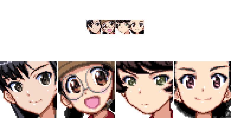2ac5 4girls :d bad_id bad_pixiv_id black_eyes black_hair brown_eyes closed_mouth commentary_request expressionless fukuda_haru girls_und_panzer glasses green_eyes grey-framed_eyewear hosomi_shizuko inactive_account long_hair looking_at_viewer multiple_girls nishi_kinuyo open_mouth pink_eyes pixel_art round_eyewear short_hair smile split_mouth tamada_tamaki