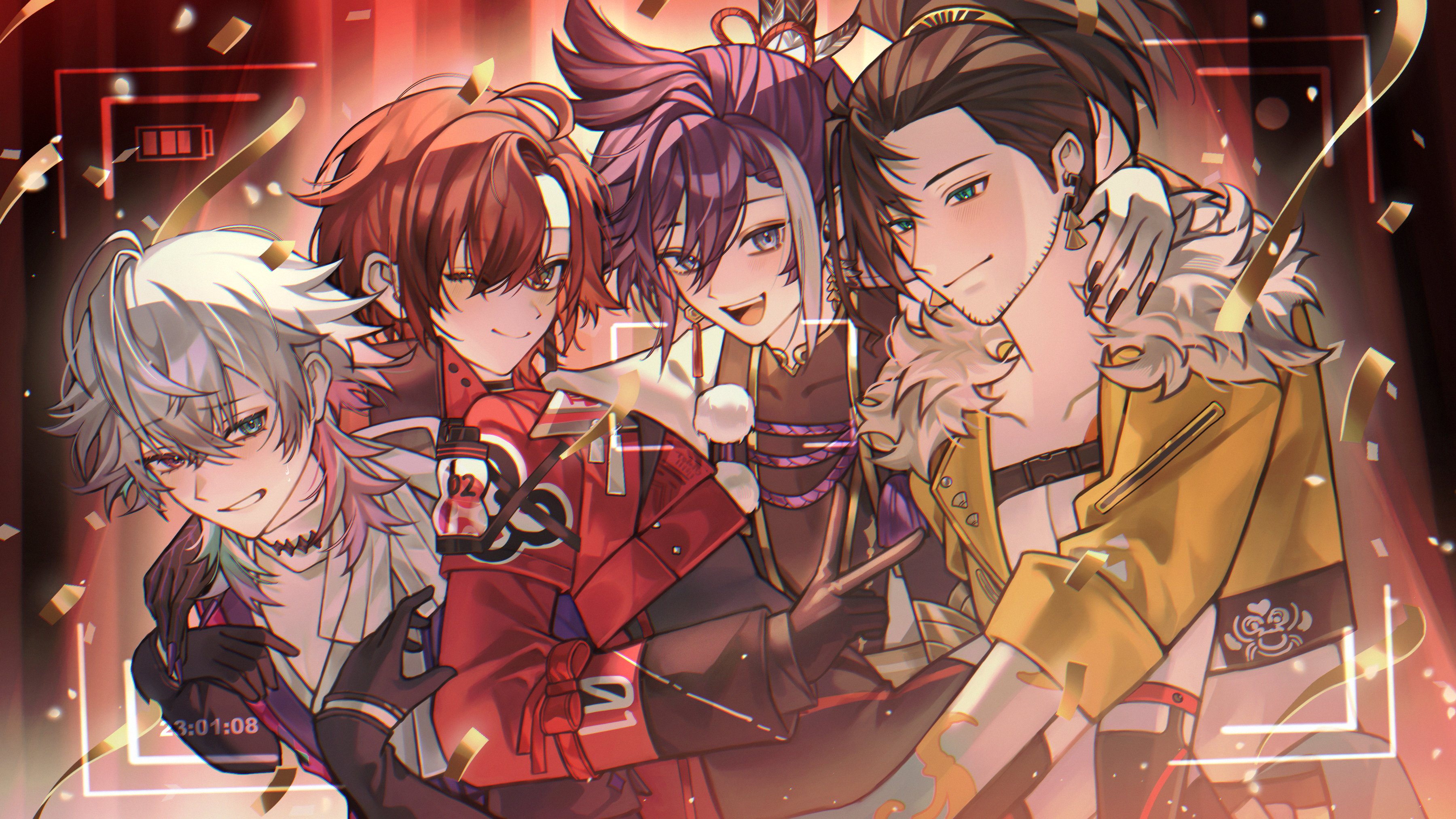 4boys :d ;) absurdres ahoge anniversary arm_around_shoulder banzoin_hakka banzoin_hakka_(1st_costume) battery_indicator beard_stubble black_bodysuit black_choker black_gloves black_hands black_nails black_socks blue_eyes blue_hair blush bodysuit braid braided_bangs brown_hair carrying carrying_person choker closed_mouth colored_extremities commentary confetti cropped_jacket curtains earrings english_commentary facial_hair feather_hair_ornament feathers fingernails fur-trimmed_jacket fur_trim gavis_bettel gavis_bettel_(1st_costume) gloves green_eyes grey_eyes grey_hair grin group_hug hair_between_eyes hair_ornament heterochromia high_ponytail highres holostars holostars_english holotempus hug jacket jewelry josuiji_shinri leaning_on_person legwear_garter long_fingernails long_sleeves looking_at_another machina_x_flayon machina_x_flayon_(1st_costume) male_focus medium_hair mismatched_earrings multicolored_hair multiple_boys one_eye_closed open_mouth pink_eyes pink_hair pom_pom_(clothes) ponytail princess_carry purple_hair purple_nails red_hair red_jacket sharp_fingernails short_hair smile socks streaked_hair stubble sweat tassel timestamp v viewfinder virtual_youtuber white_hair yellow_jacket yu_yu_(yuyuuuu99550771)
