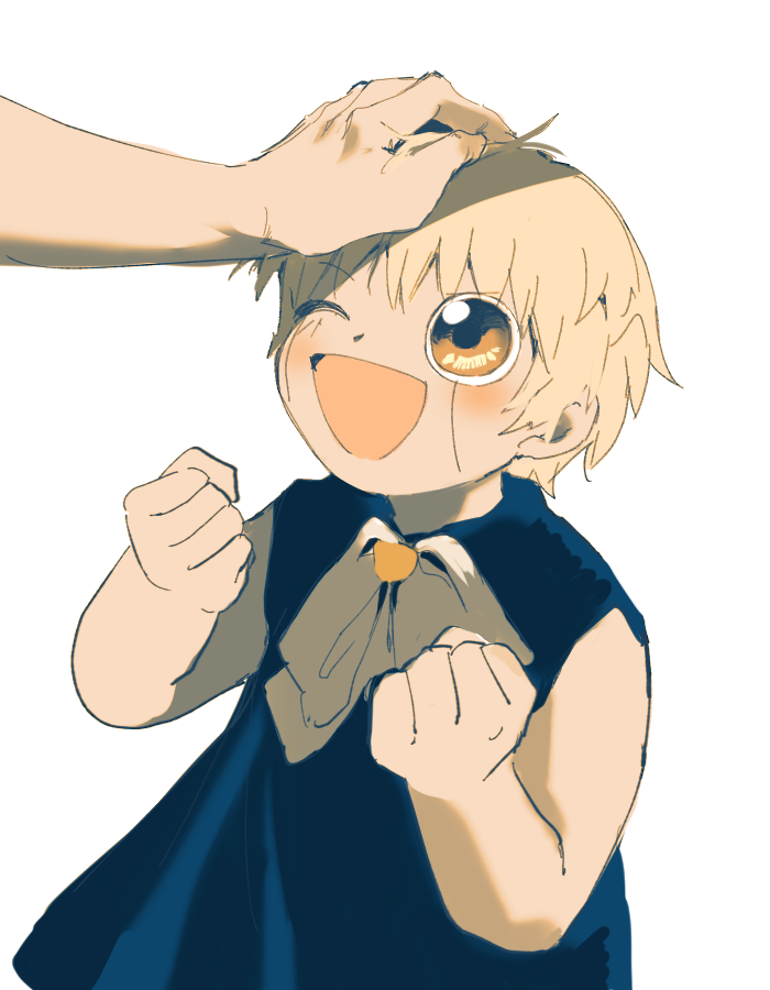 2boys ascot blonde_hair blue_cloak clenched_hand cloak headpat konjiki_no_gash!! male_focus multiple_boys one_eye_closed open_mouth short_hair simple_background ss_un17 takamine_kiyomaro white_ascot white_background yellow_eyes