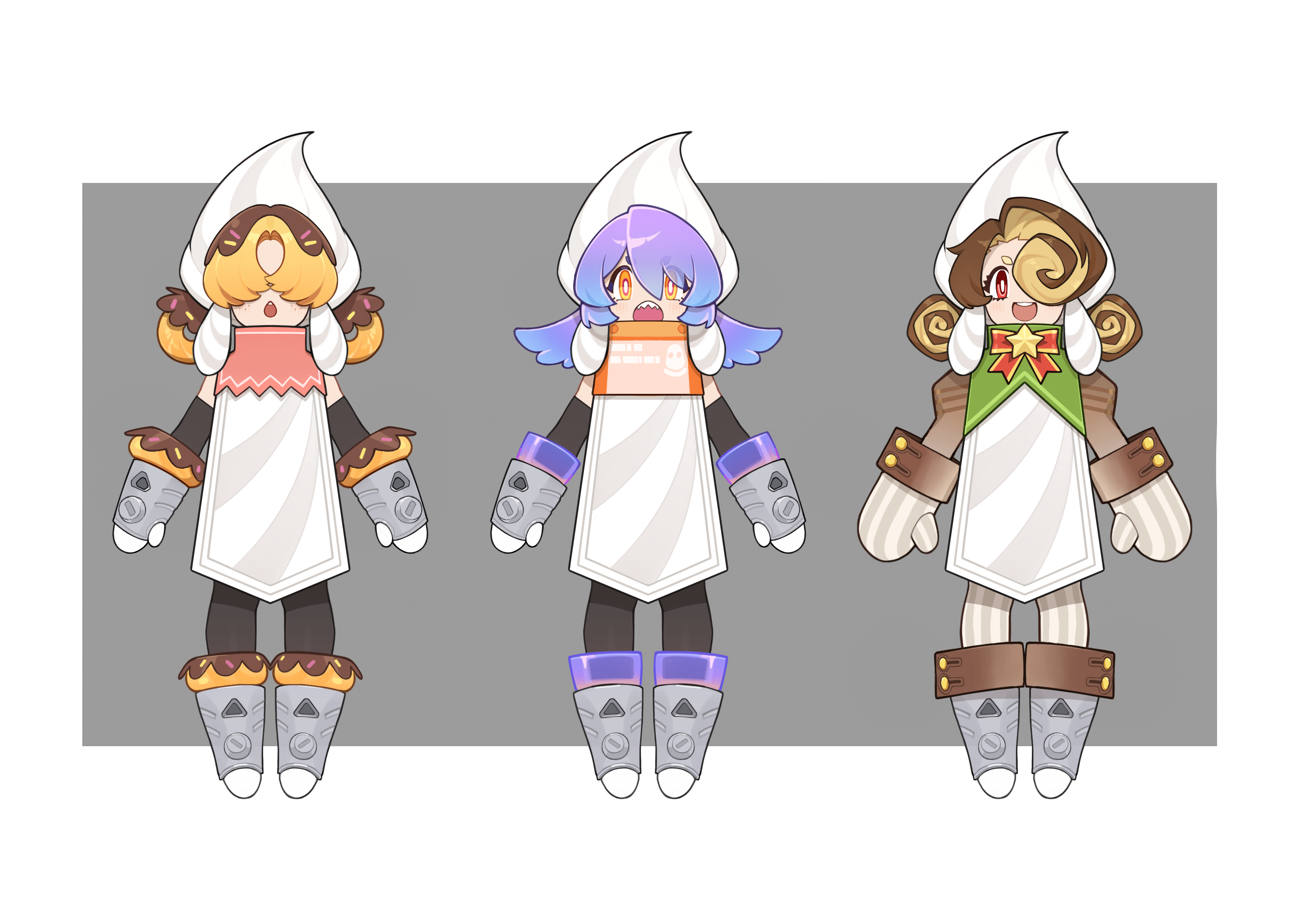 3girls armor army bushuel bushuel_(chocolate) doumaru goz-zz highres kamen_rider kamen_rider_gavv_(series) mittens multiple_girls popping_gummy rider-tan tabard tokusatsu whipped_soldier white_armor white_tabard yule_log_(cake)
